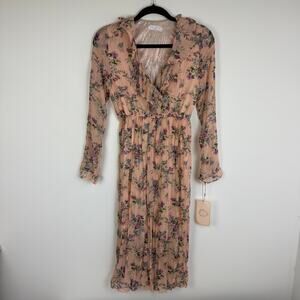 NWT Play Market Womens Long Sleeve V-Neck Ruffle Floral Blush Pink Chiffon Dress
